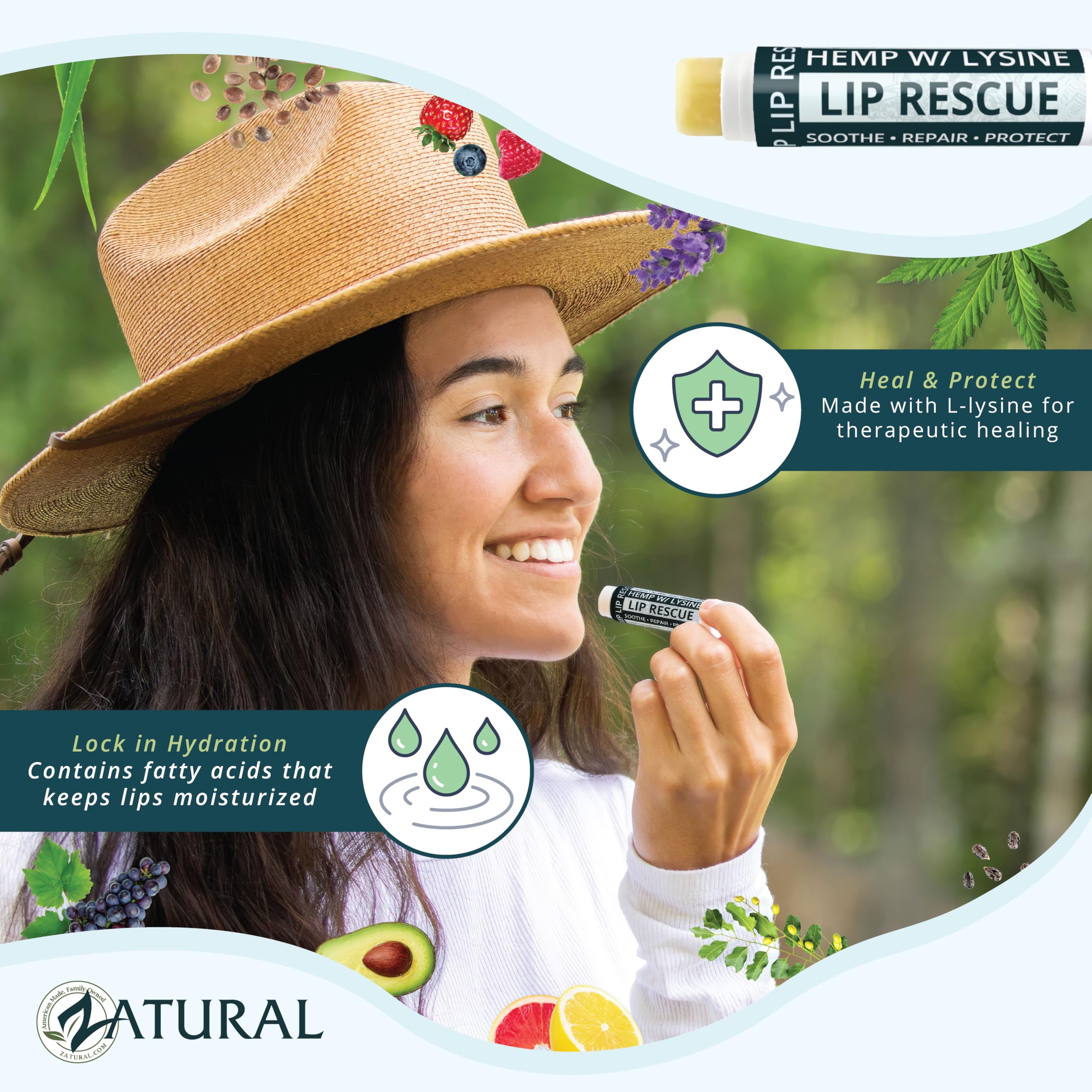 Zatural lip balm forms a moisture barrier to minimize evaporation.