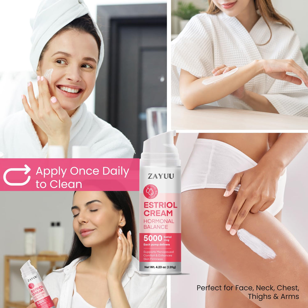 Ingredients highlight wild yam, red clover, and soy in ZAYUU Estriol cream.