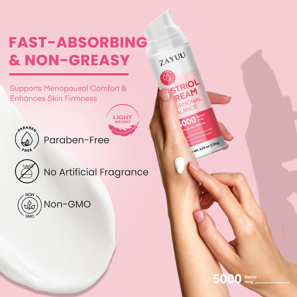 Neck and chest application with ZAYUU Estriol face cream for décolleté care.