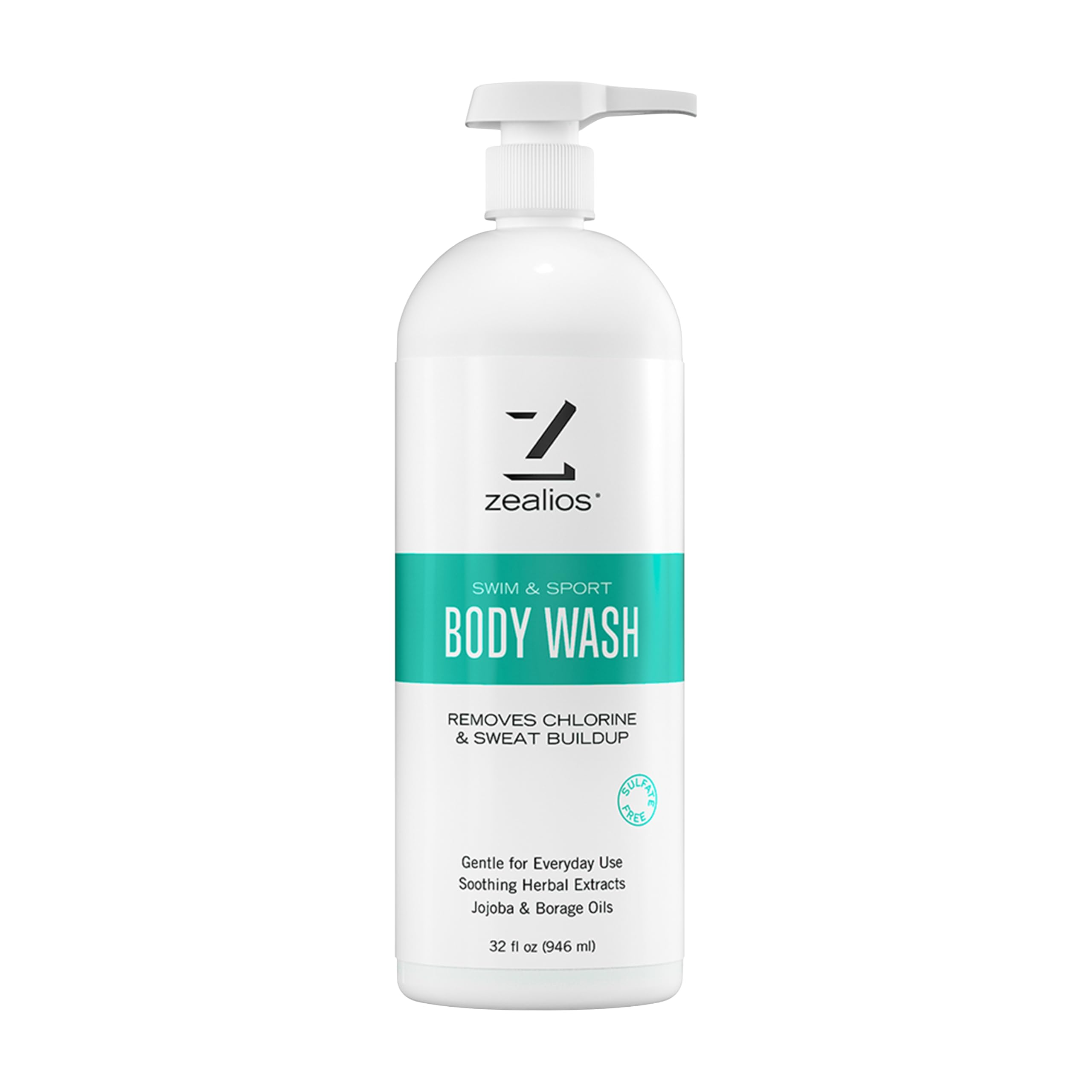 Zealios Swim and Sport Body Wash pump bottle cleanses chlorine and sweat effectively