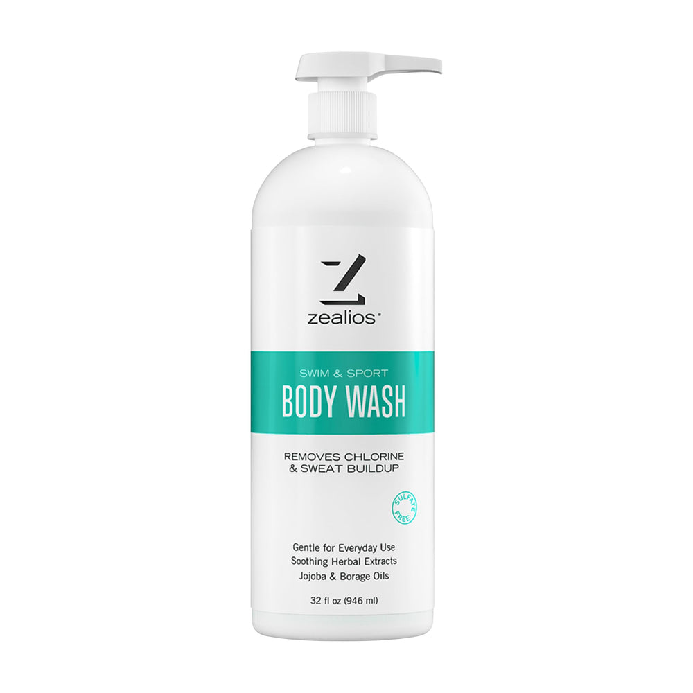 Zealios Swim and Sport Body Wash pump bottle cleanses chlorine and sweat effectively