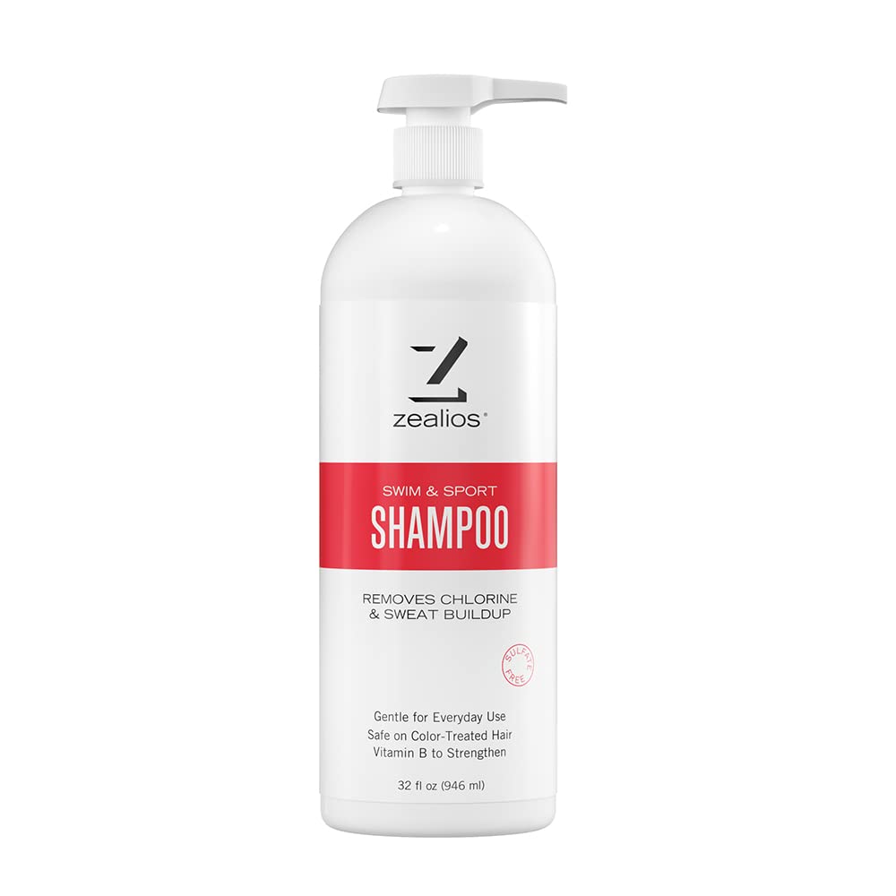 Zealios Swim & Sport Clarifying Shampoo bottle front, 32 oz pump for swimmers
