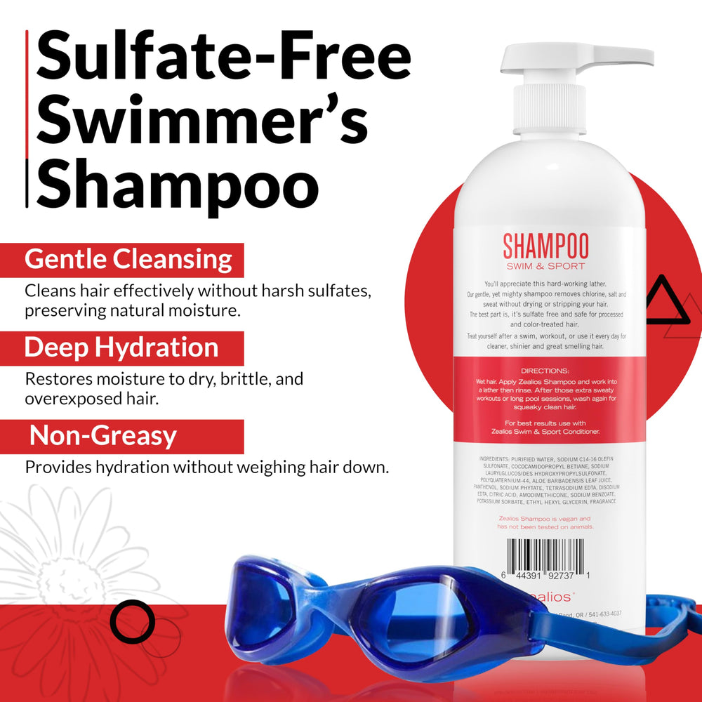 Zealios Swim & Sport Clarifying Shampoo label close-up showing sulfate-free and color-safe claims