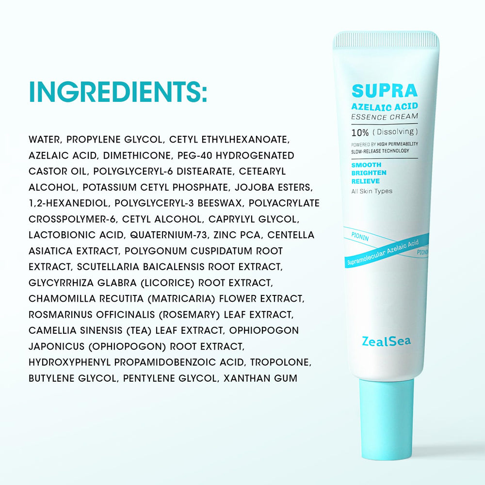 ZealSea azelaic acid cream label detail highlights gentle formula.