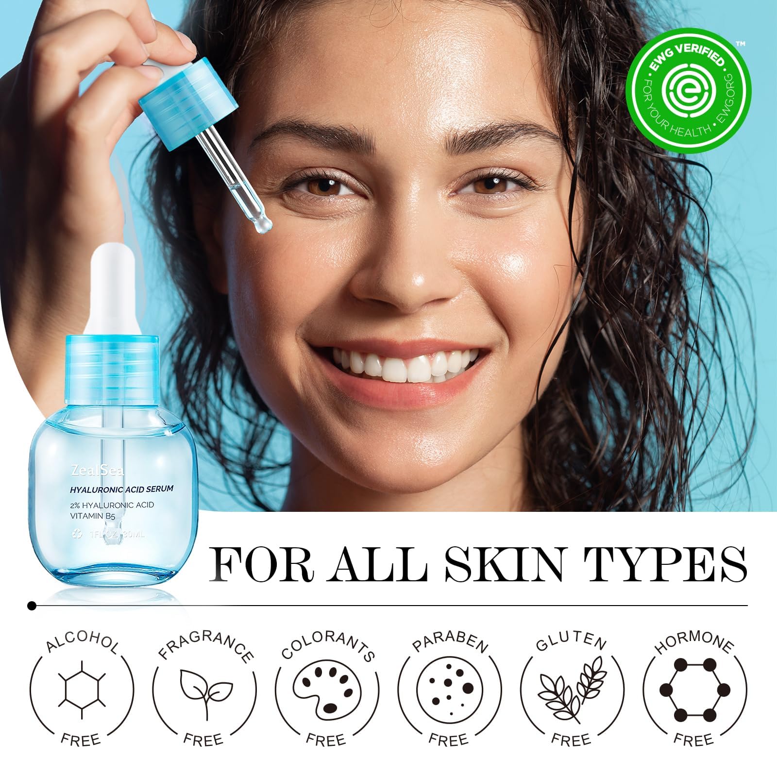 ZealSea Hyaluronic Serum ingredient illustration featuring B5 and pure HA
