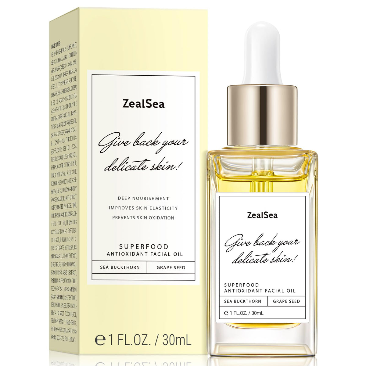 ZealSea Antioxidant Face Oil bottle pours, highlighting antioxidant rich formula for radiant skin
