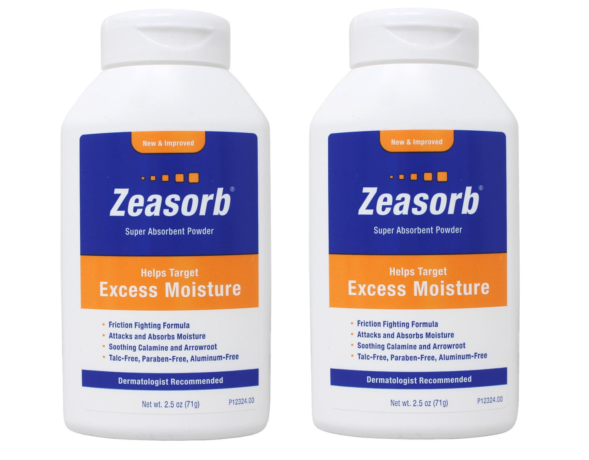 Zeasorb Excess Moisture bottle close-up demonstrates moisture absorption for skin comfort.