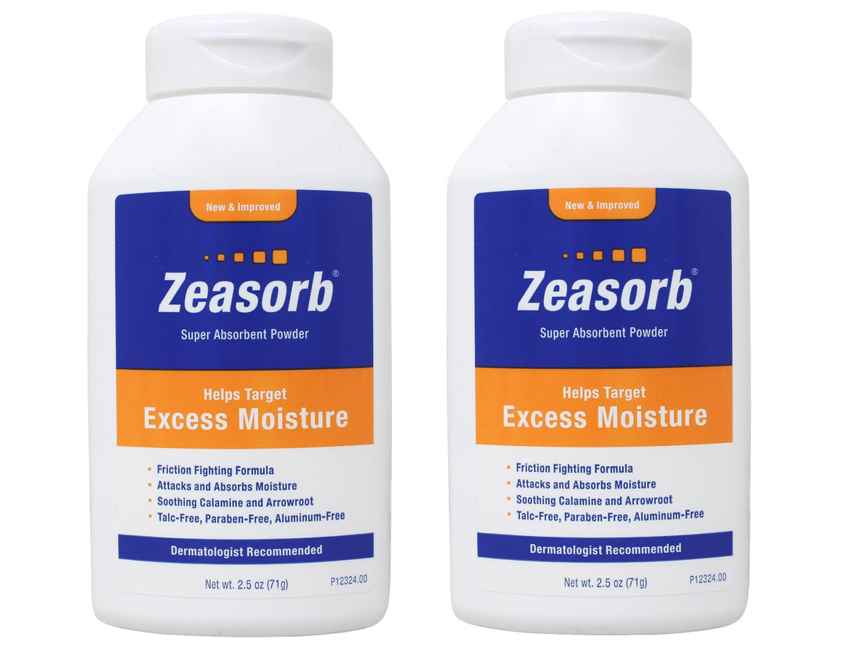 Zeasorb Excess Moisture bottle close-up demonstrates moisture absorption for skin comfort.