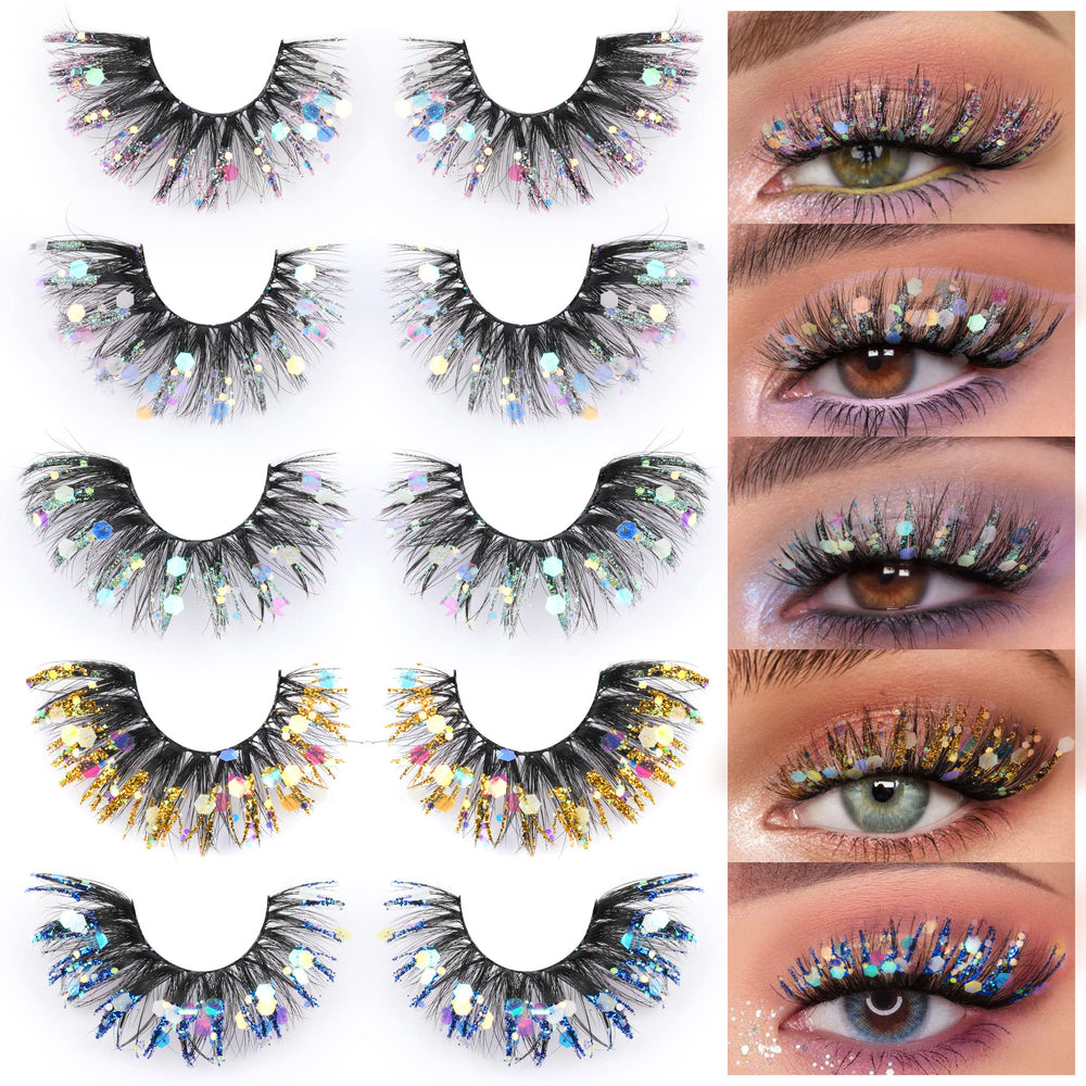 Zegaine glitter colored lashes with wispy cat-eye silhouette for festival makeup.