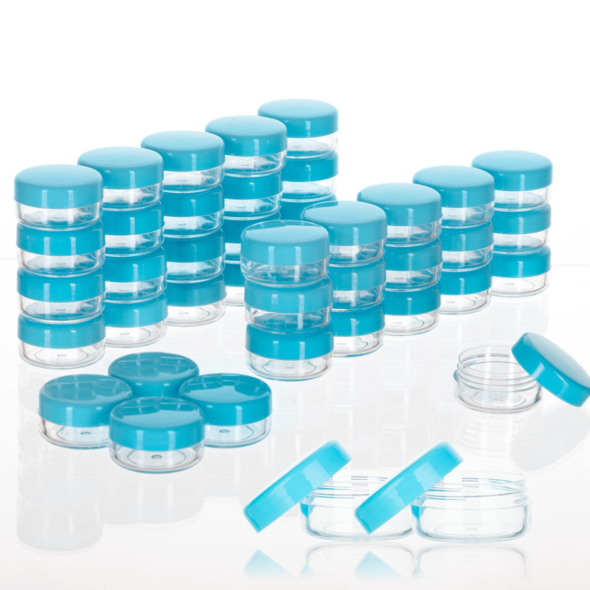ZEJIA 3g sample jars with blue lids in front view for on-the-go makeup samples.