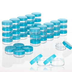 ZEJIA 3g sample jars with blue lids in front view for on-the-go makeup samples.