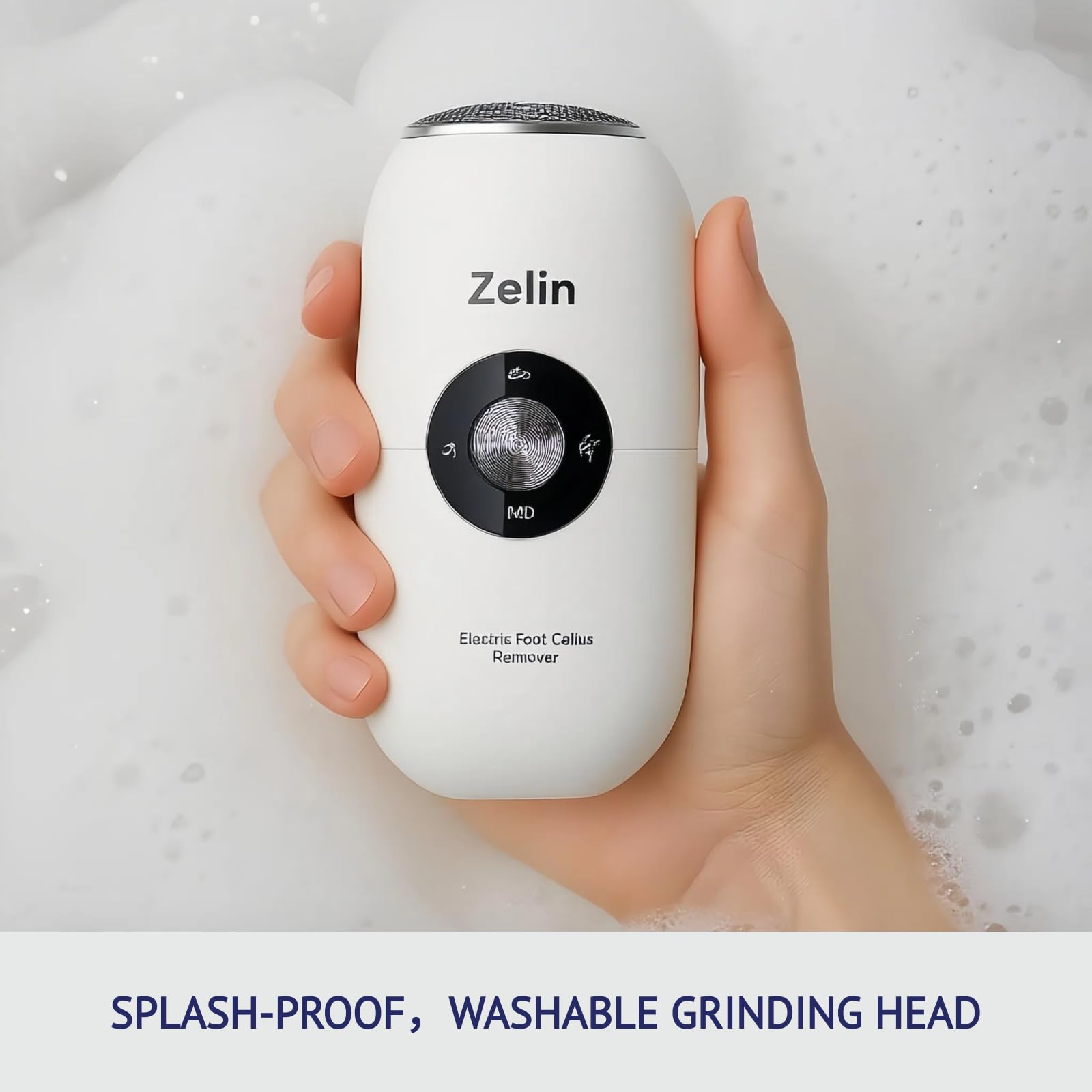In-use shot of zelin in hand smoothing heels during a quick home pedicure.