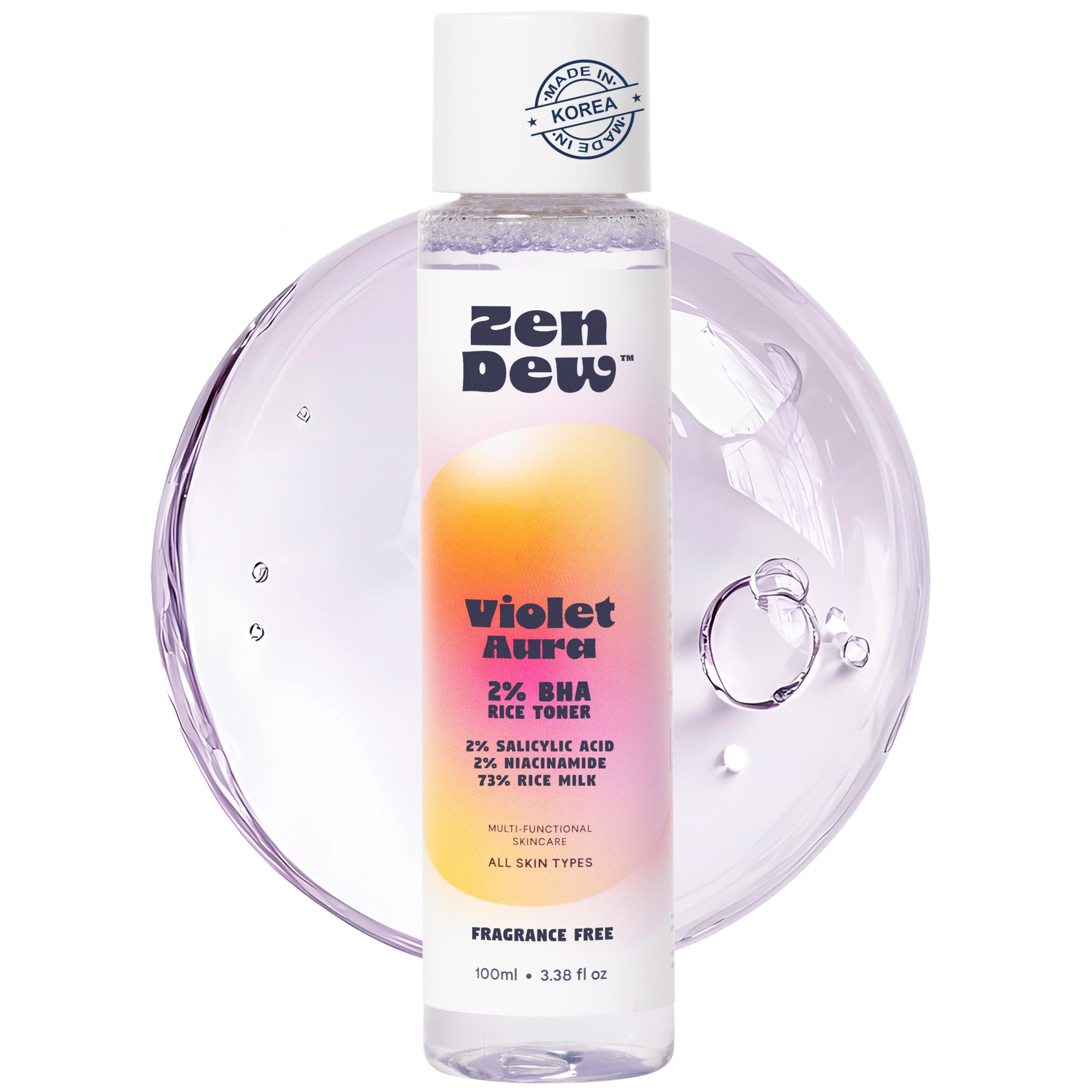 Zen Dew Violet Aura toner bottle close-up highlighting premium glass packaging and gentle hydration