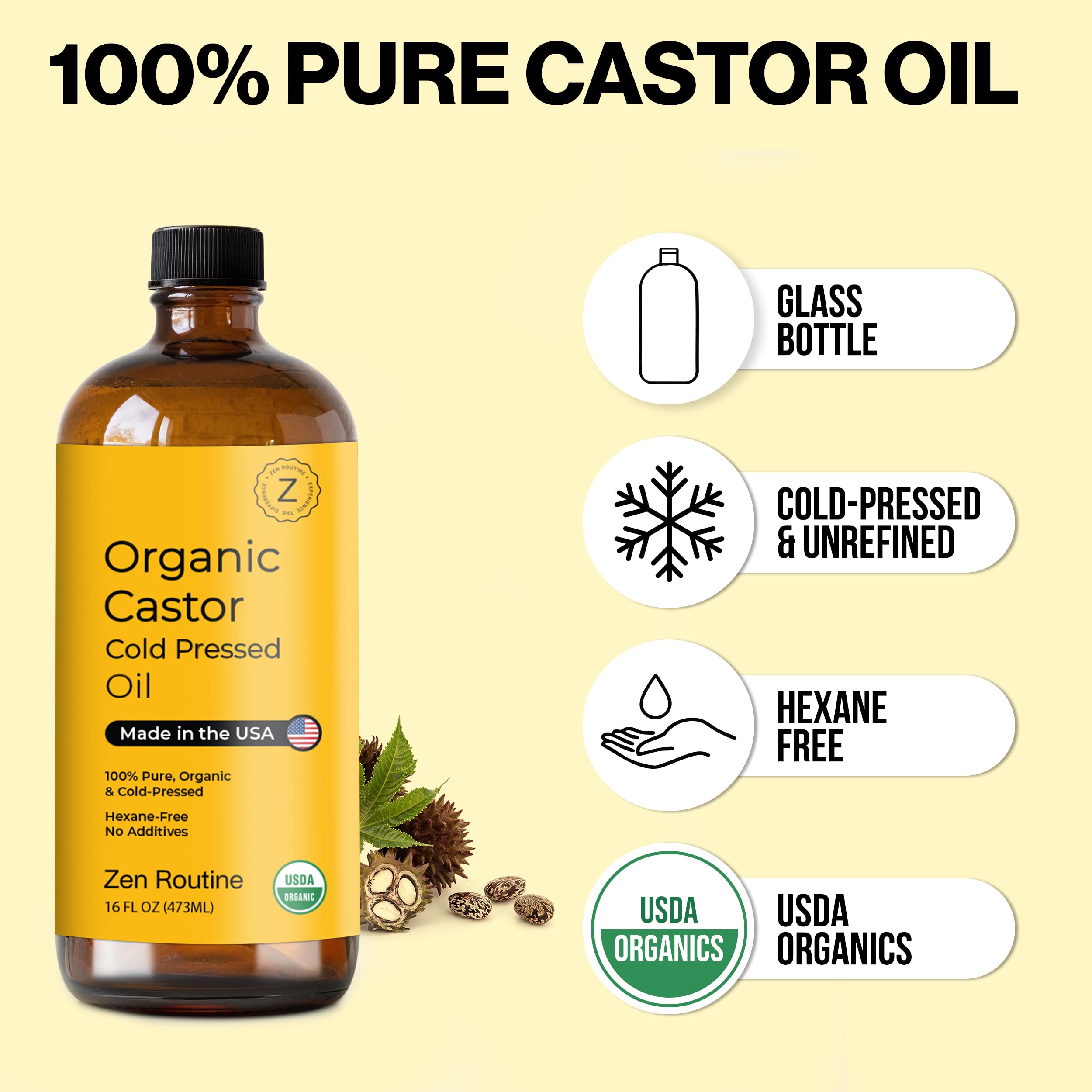 Zen Routine castor oil in a glass container supports hair and lash vitality.
