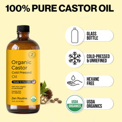 Zen Routine castor oil in a glass container supports hair and lash vitality.