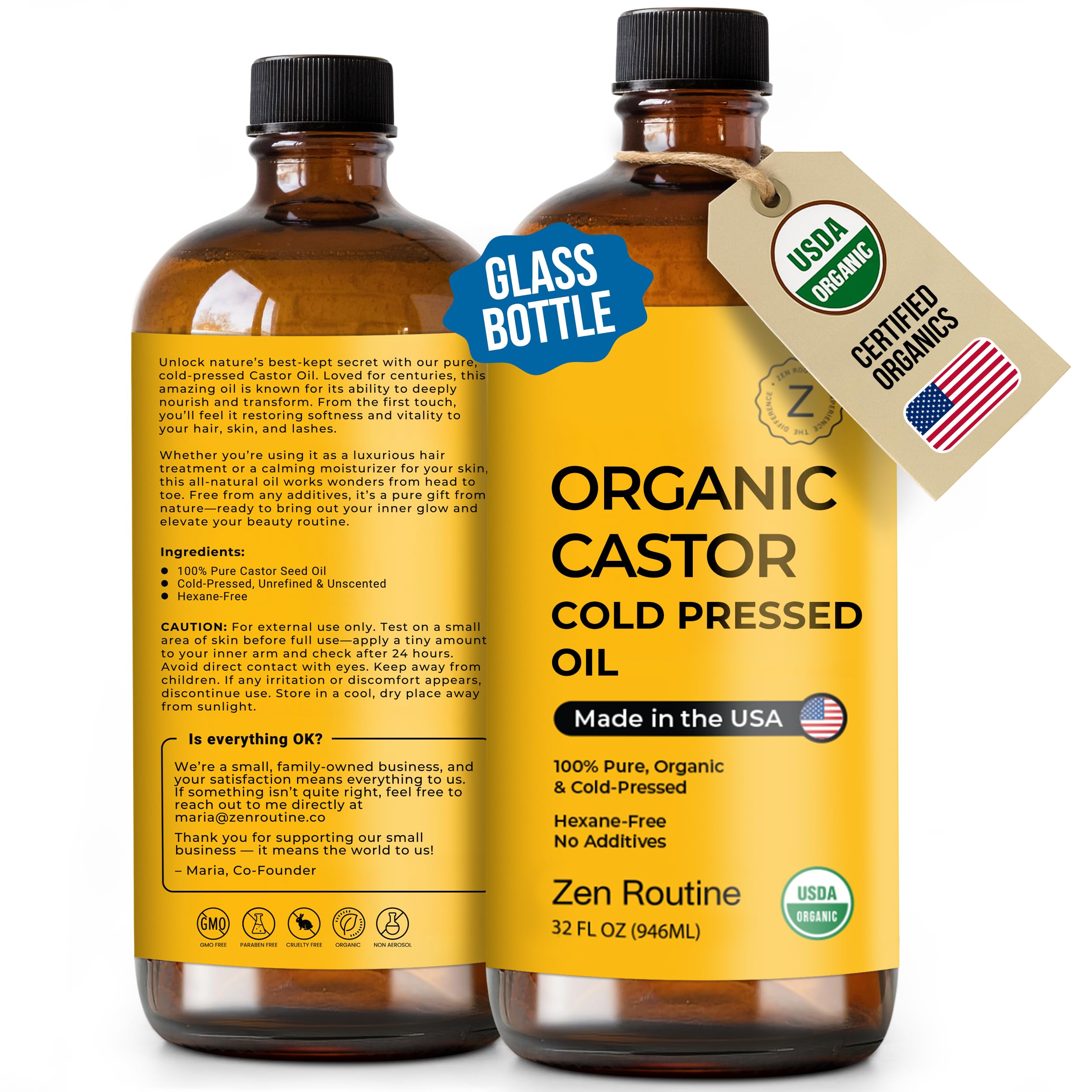 Zen Routine castor oil for hair growth, lashes, and skin care.