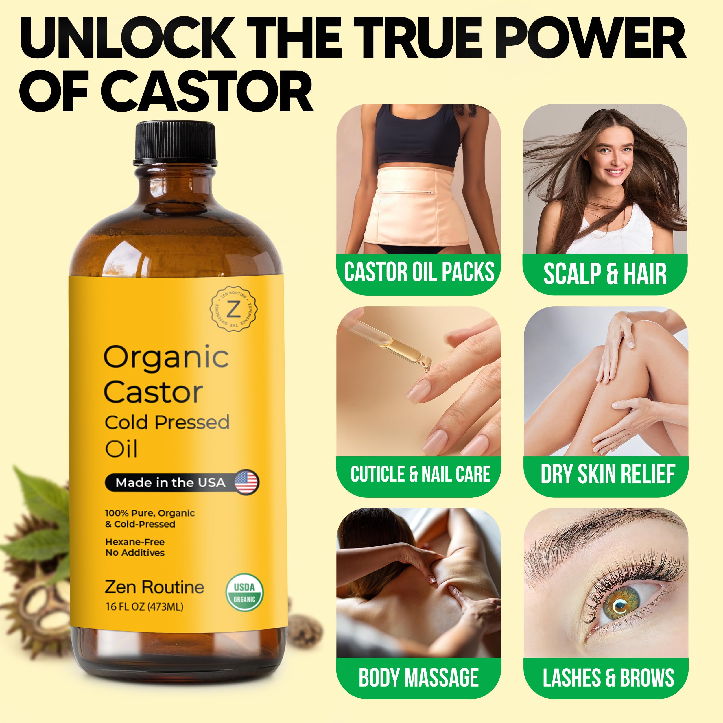 Zen Routine 32oz castor oil, cold-pressed for brows, lashes, and skin.