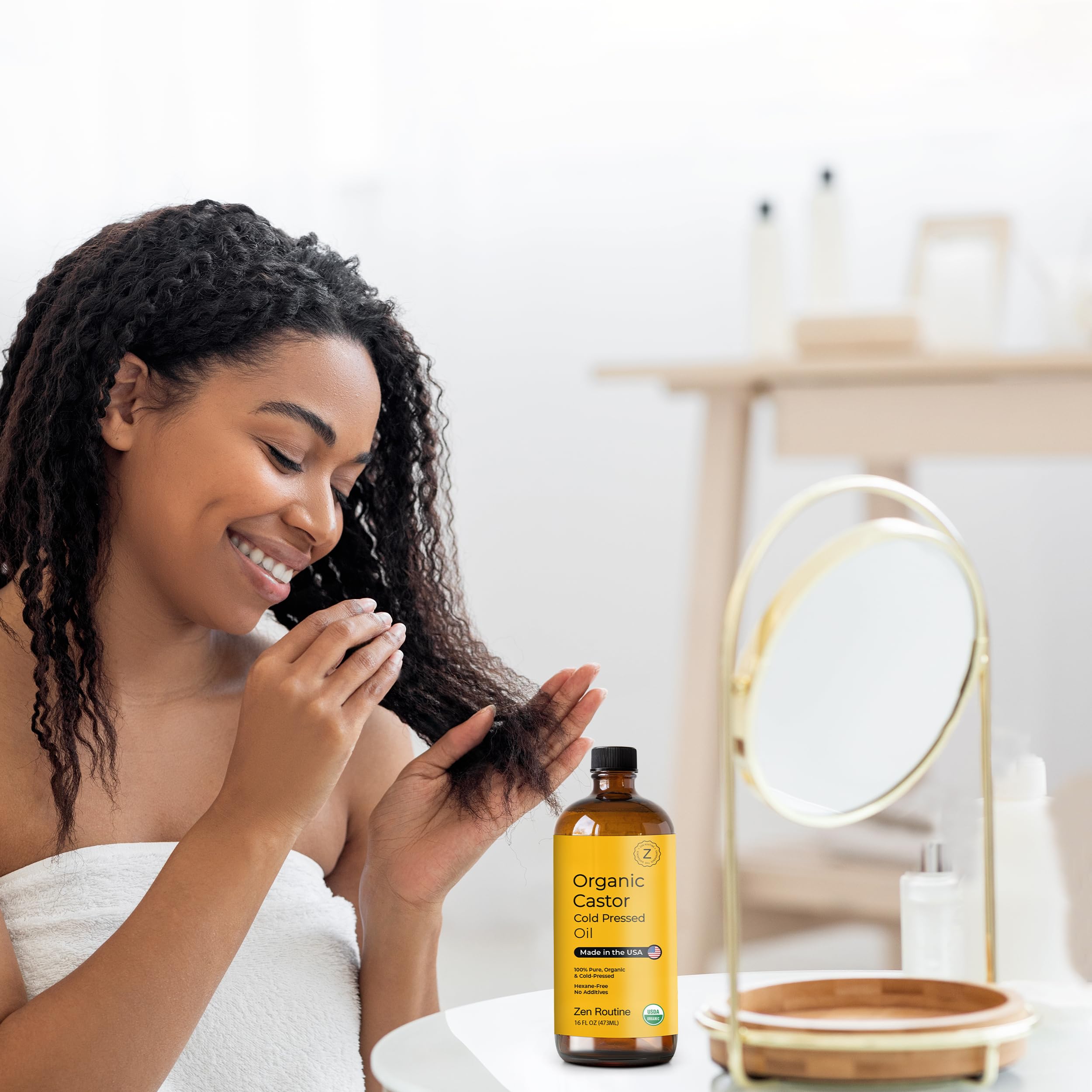 Zen Routine pure castor oil in a glass bottle for daily beauty rituals.