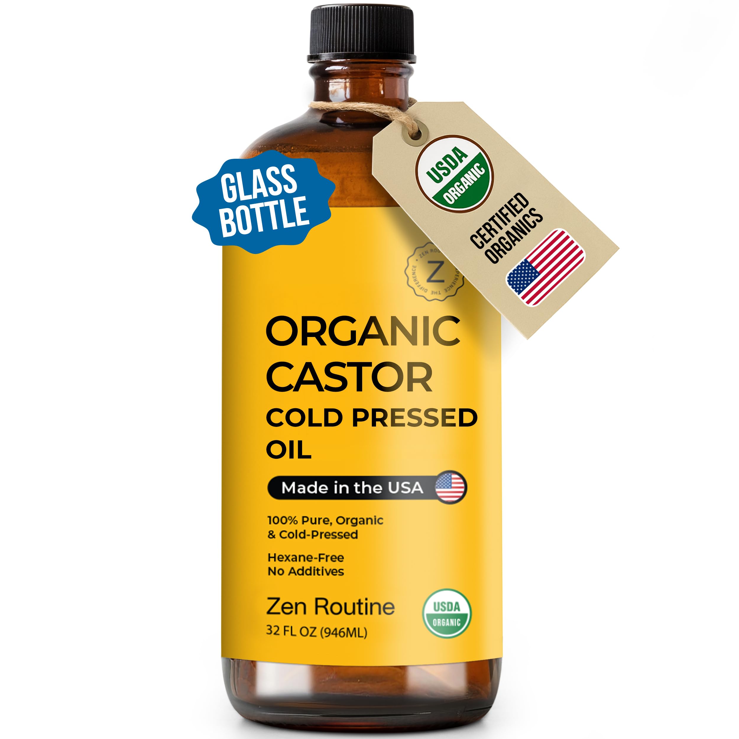 Zen Routine Organic castor oil 32oz bottle for daily beauty and topical care.