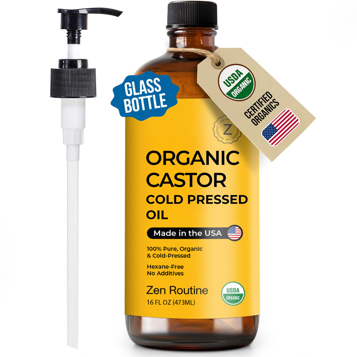 Zen Routine Organic Golden Castor Oil 16oz bottle ideal for daily beauty use.