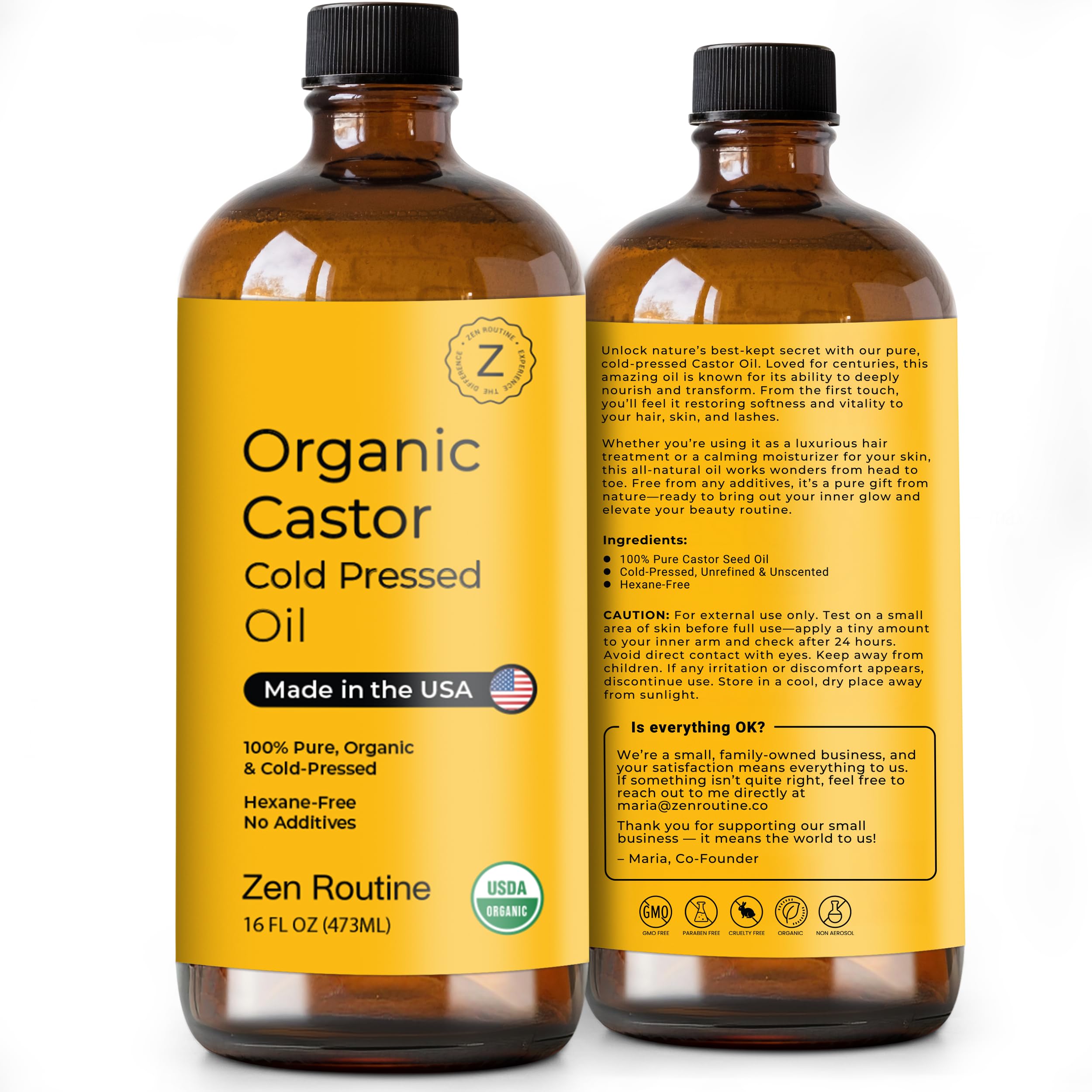 Zen Routine glass bottle close-up highlighting natural golden hue and purity.