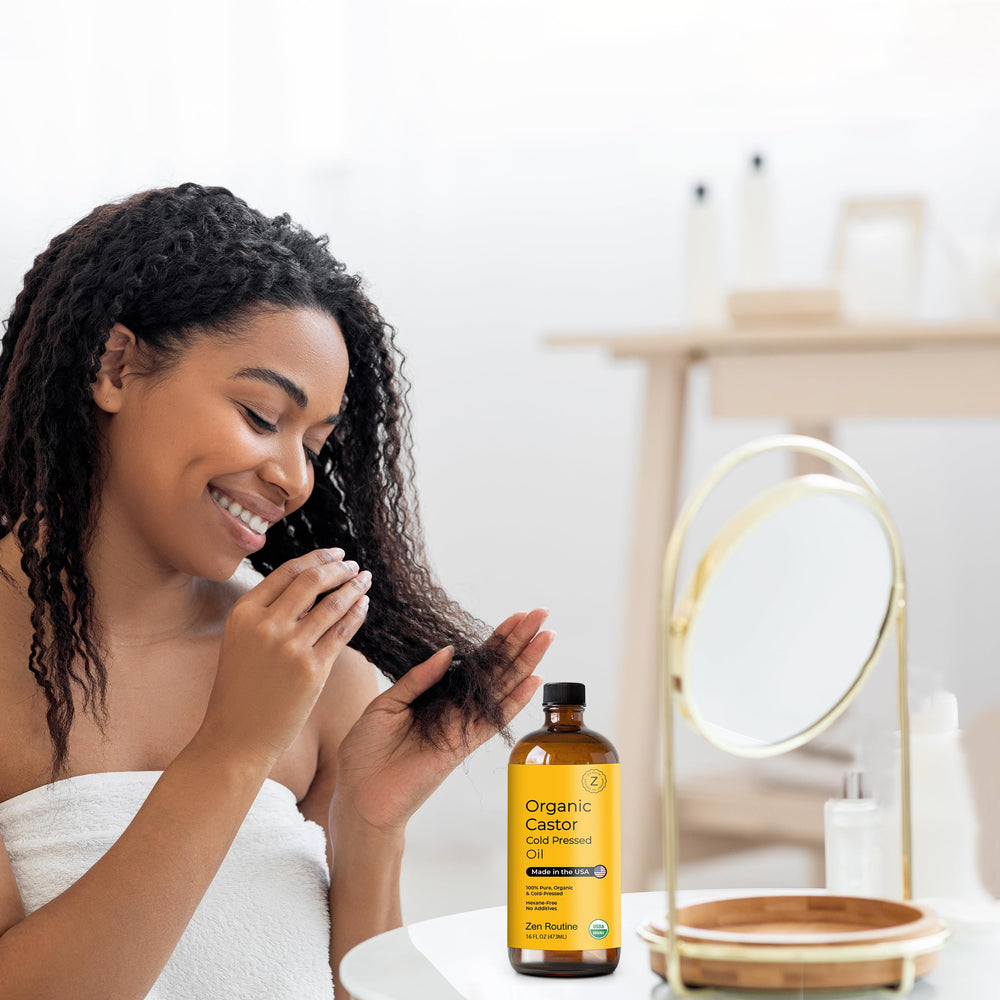 Zen Routine USA-made castor oil bottle highlighting quality and origin.