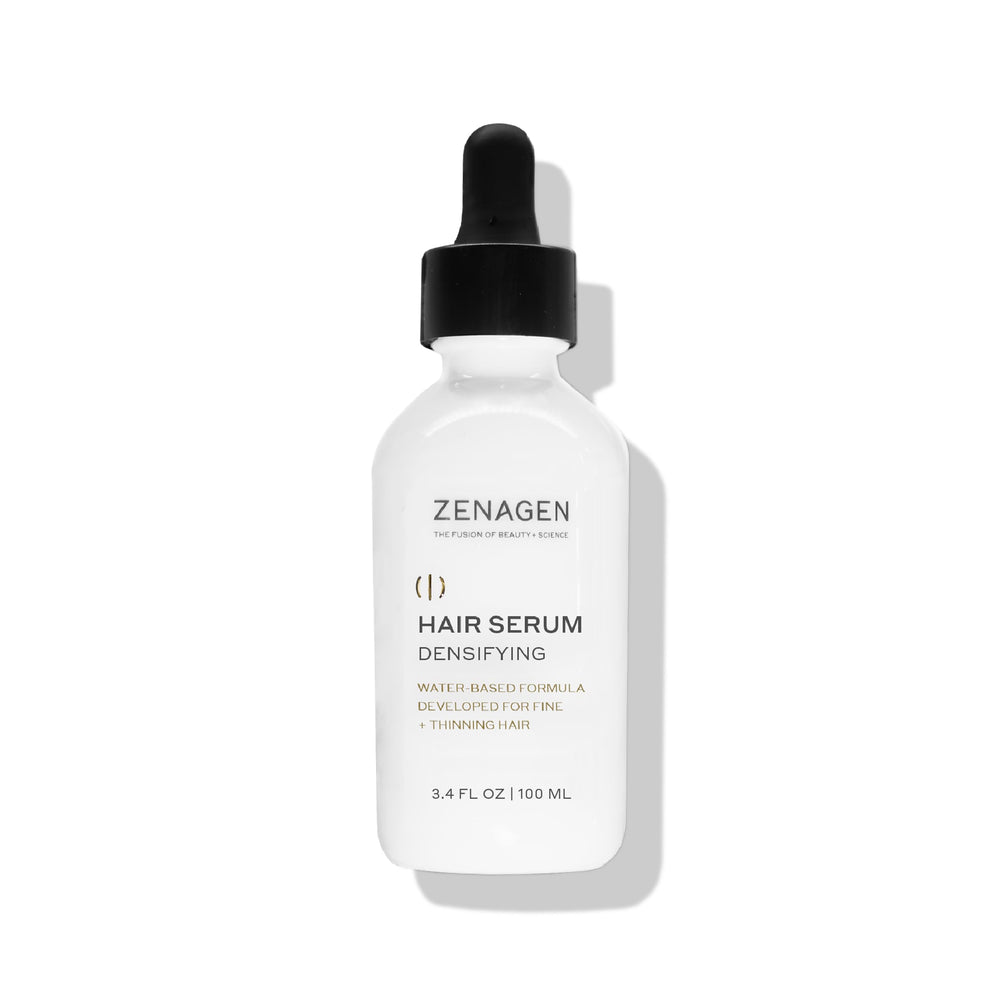 Zenagen Densifying Hair Serum bottle application demonstrates even distribution for thinning hair.