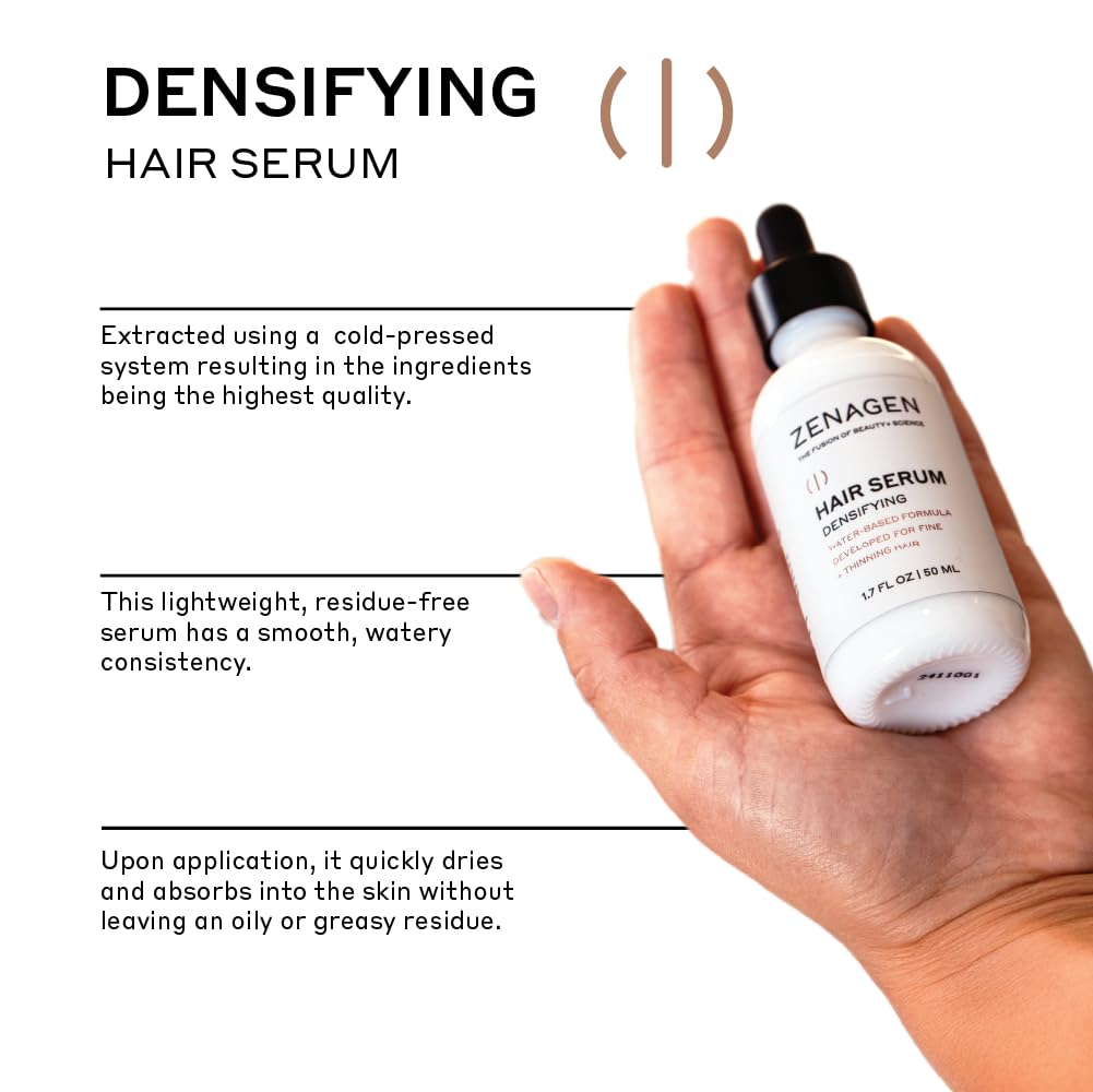 Zenagen Densifying Hair Serum bottle pour enables quick, clean application on fine hair.