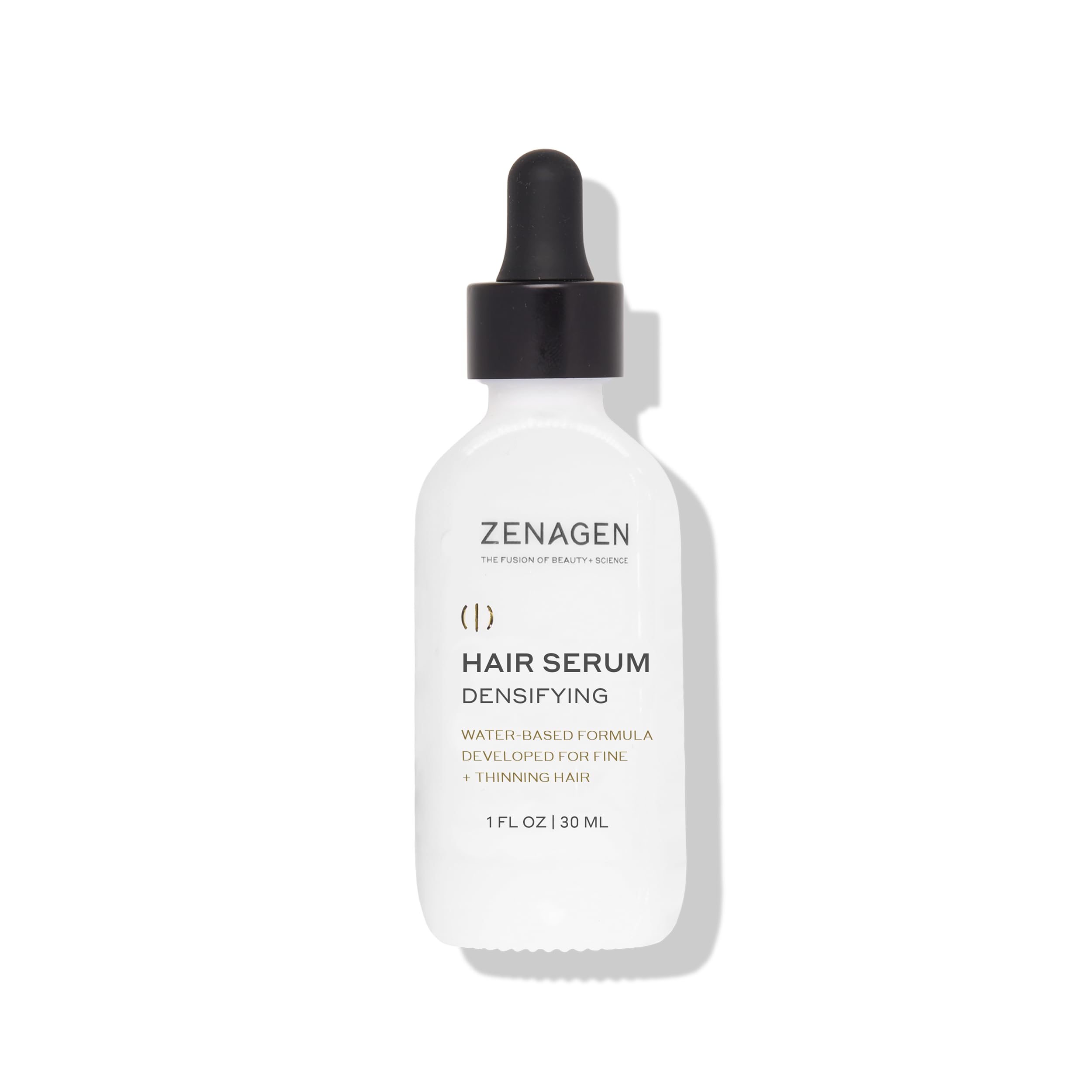 Zenagen Densifying Hair Serum bottle closeup, lightweight non-greasy texture.