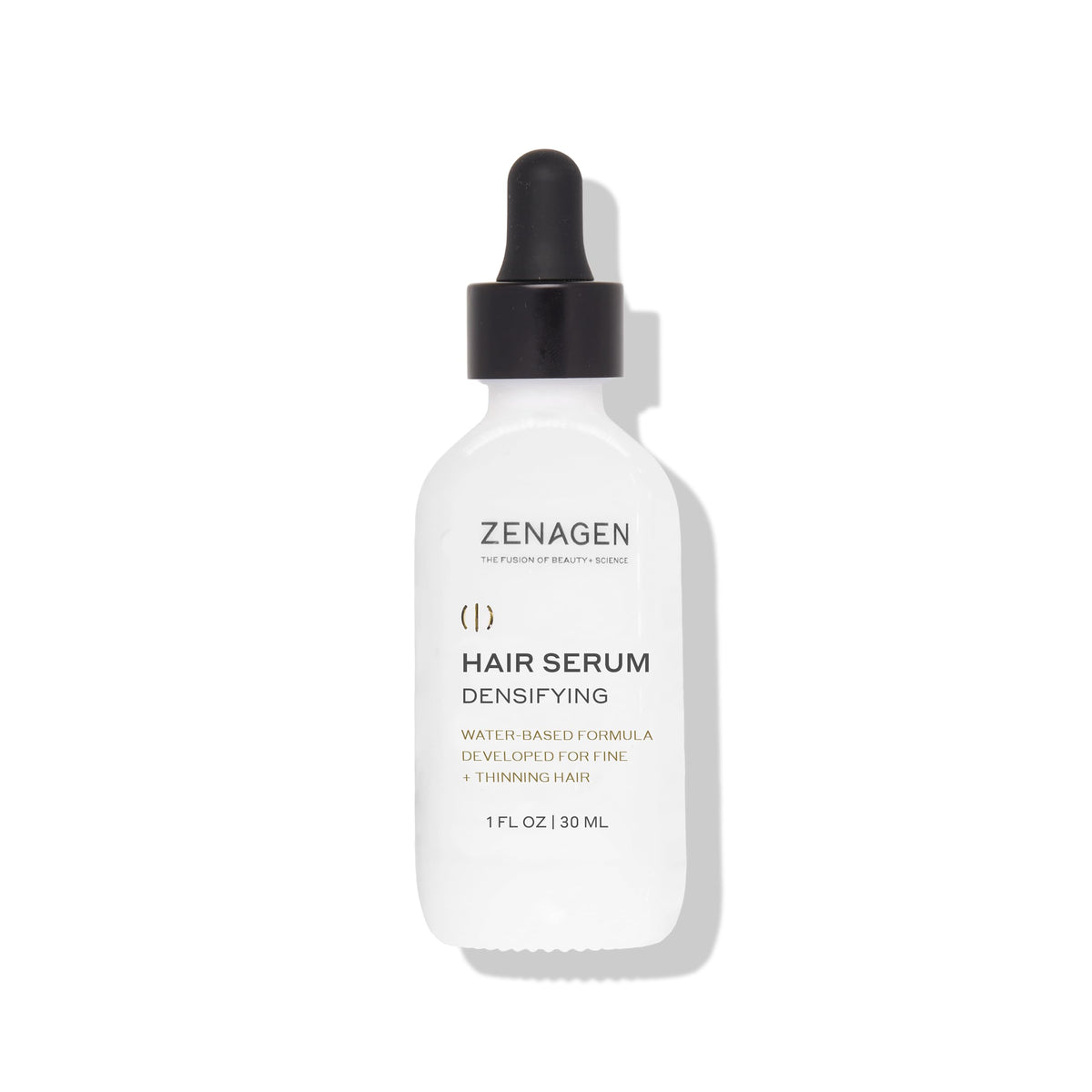Zenagen Densifying Hair Serum bottle closeup, lightweight non-greasy texture.
