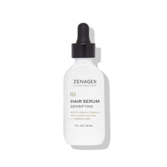 Zenagen Densifying Hair Serum bottle closeup, lightweight non-greasy texture.