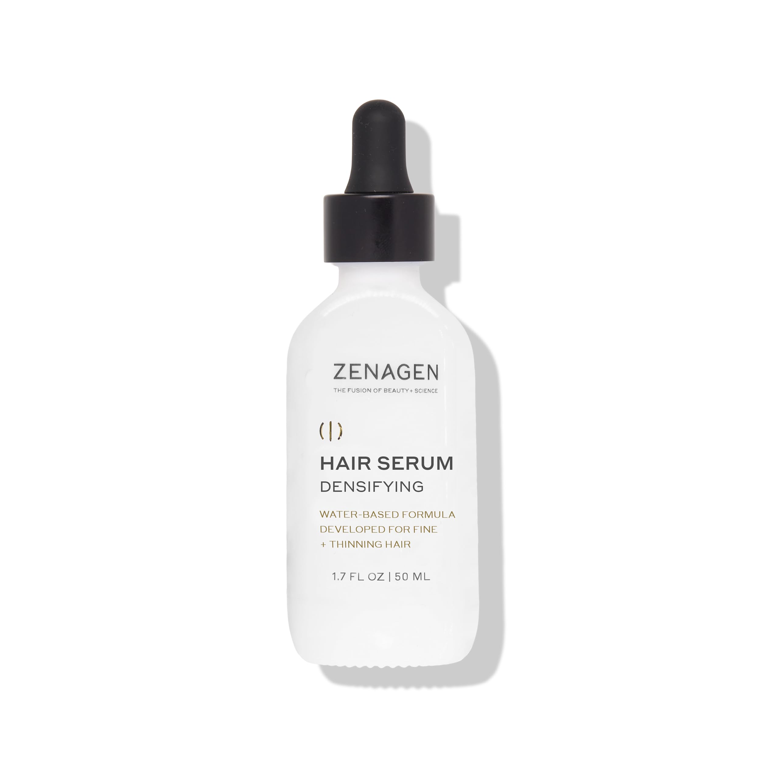 Zenagen Densifying Serum bottle closeup showing lightweight, non-greasy hydration for hair.