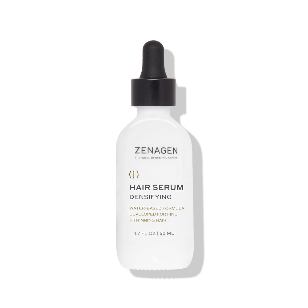 Zenagen Densifying Serum bottle closeup showing lightweight, non-greasy hydration for hair.