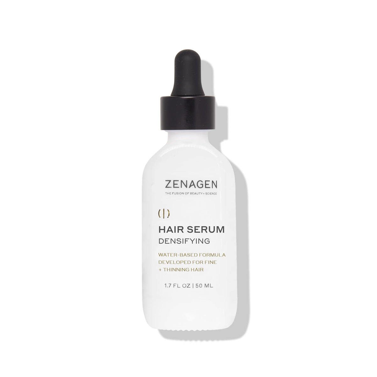 Zenagen Densifying Serum bottle closeup showing lightweight, non-greasy hydration for hair.