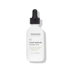 Zenagen Densifying Serum bottle closeup showing lightweight, non-greasy hydration for hair.