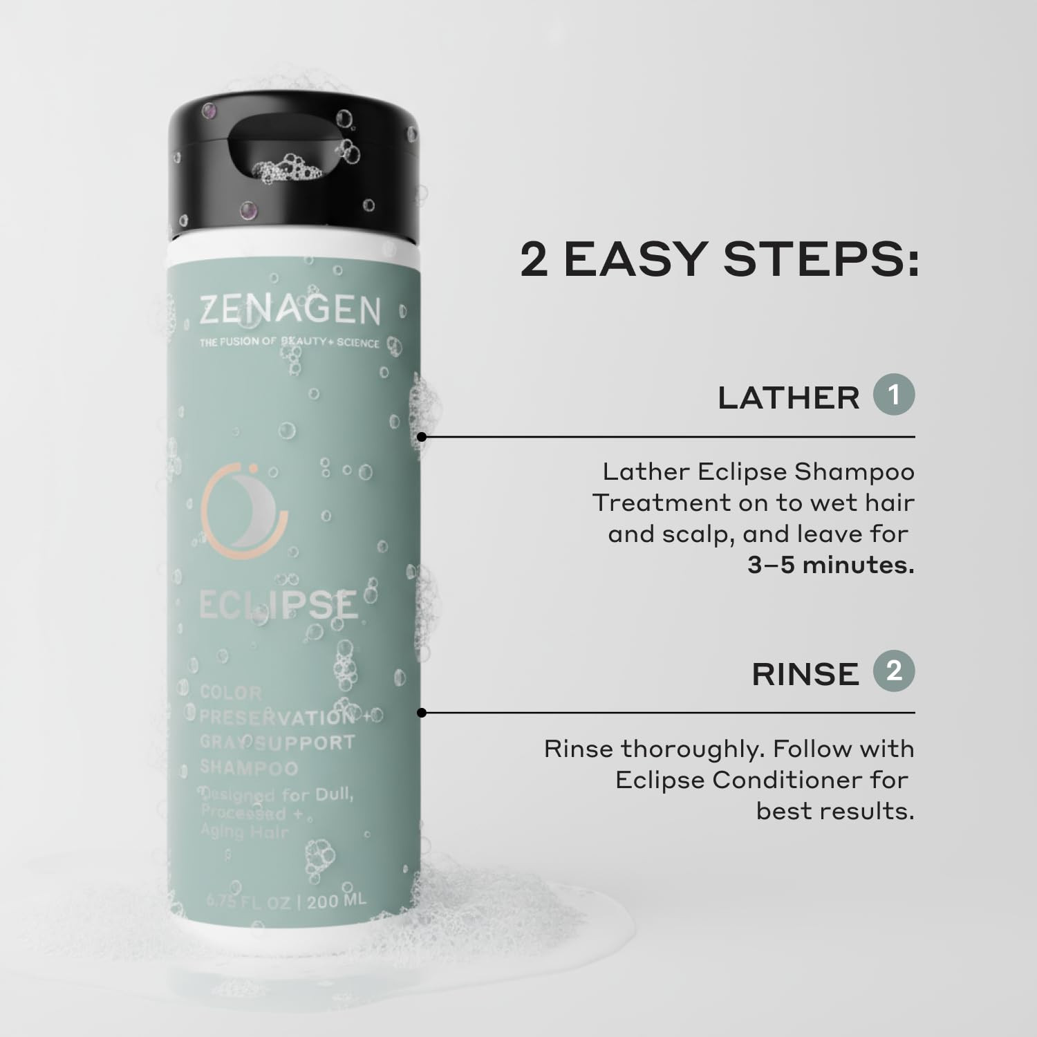 Zenagen Eclipse Shampoo lather detail suggests gentle cleansing and color-safe care