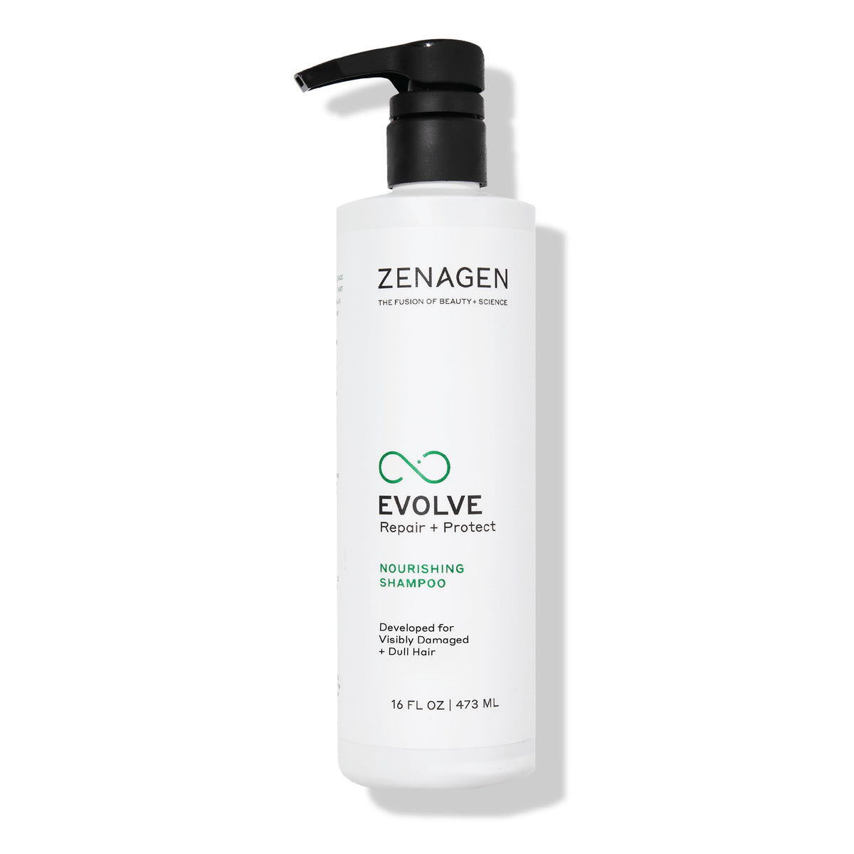Zenagen Evolve bottle closeup highlighting color-safe, plant-based nourishment for hair