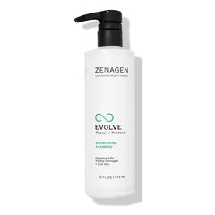Zenagen Evolve bottle closeup highlighting color-safe, plant-based nourishment for hair