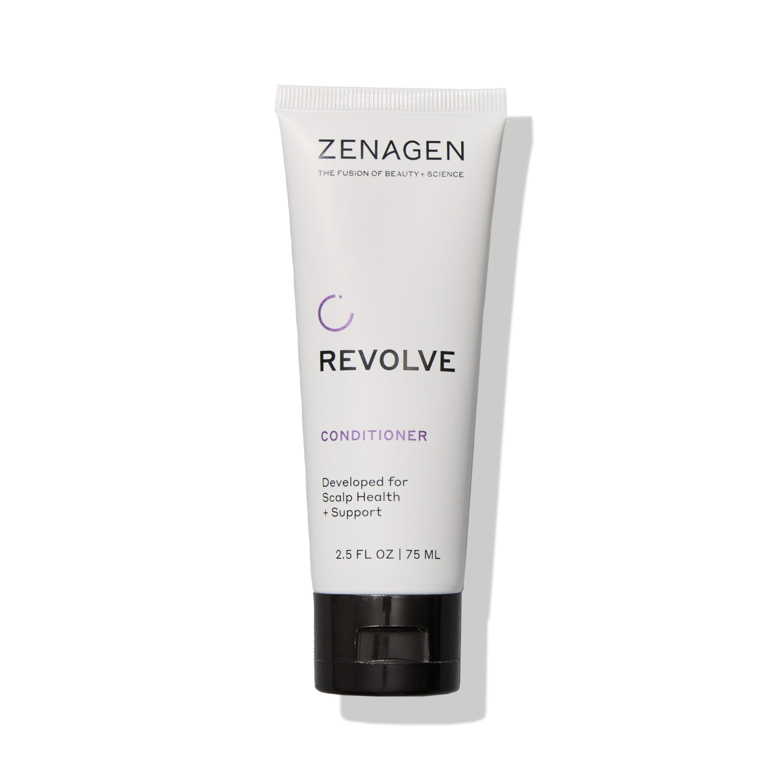 Zenagen Revolve bottle front label shows plant-based, color-safe conditioner for thinning hair.