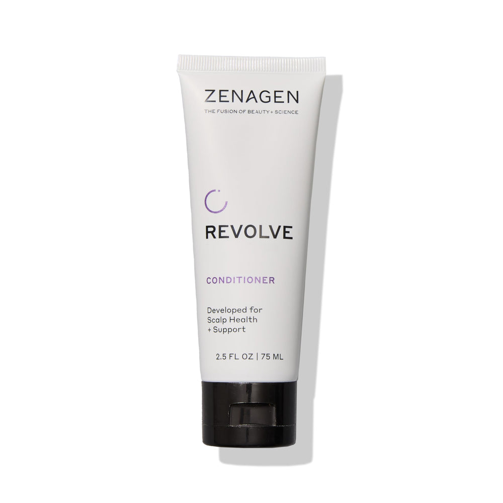 Zenagen Revolve bottle front label shows plant-based, color-safe conditioner for thinning hair.