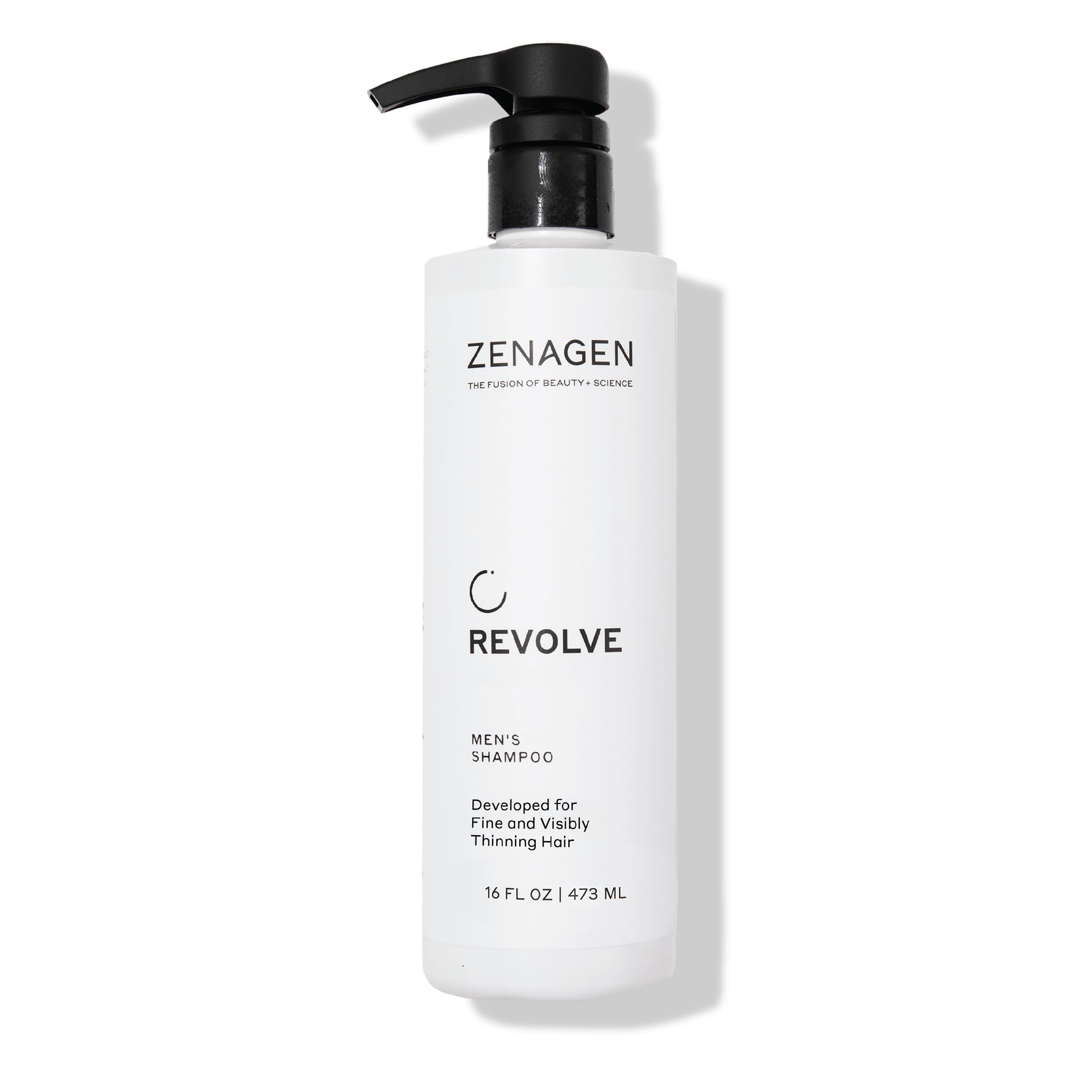 Zenagen Revolve bottle pour demonstrates the alcohol-free formula for fuller-looking hair