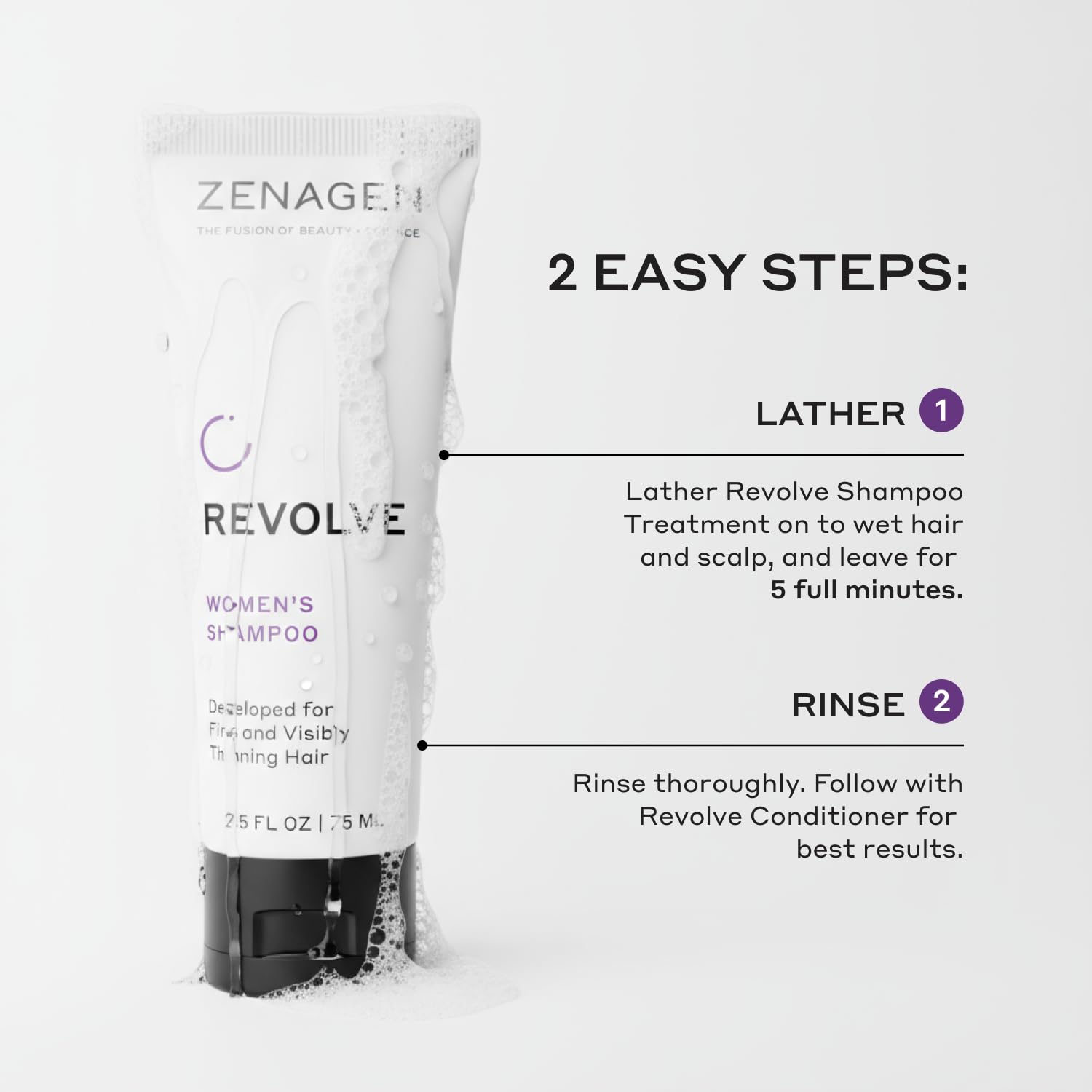 Zenagen Revolve color-safe shampoo bottle for color-treated hair care.