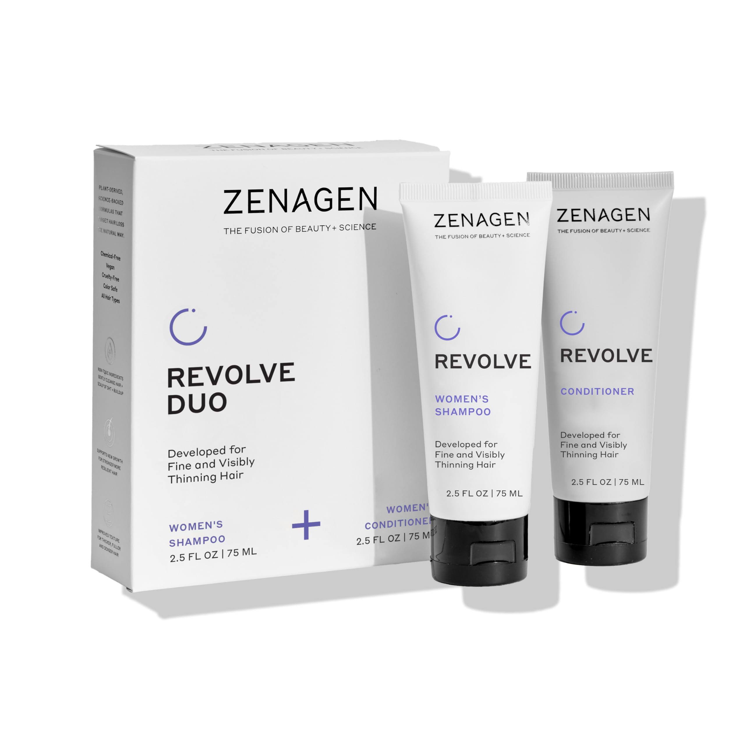 Zenagen Revolve Women shampoo travel-size bottle for on-the-go cleansing and volume.