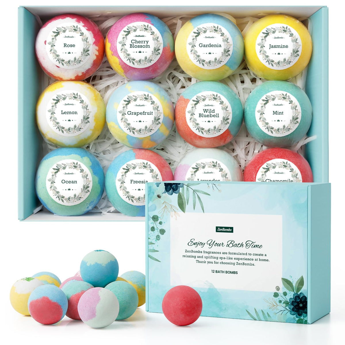 ZenBombs bath bombs gift box packaging, ready for a pampering gift.