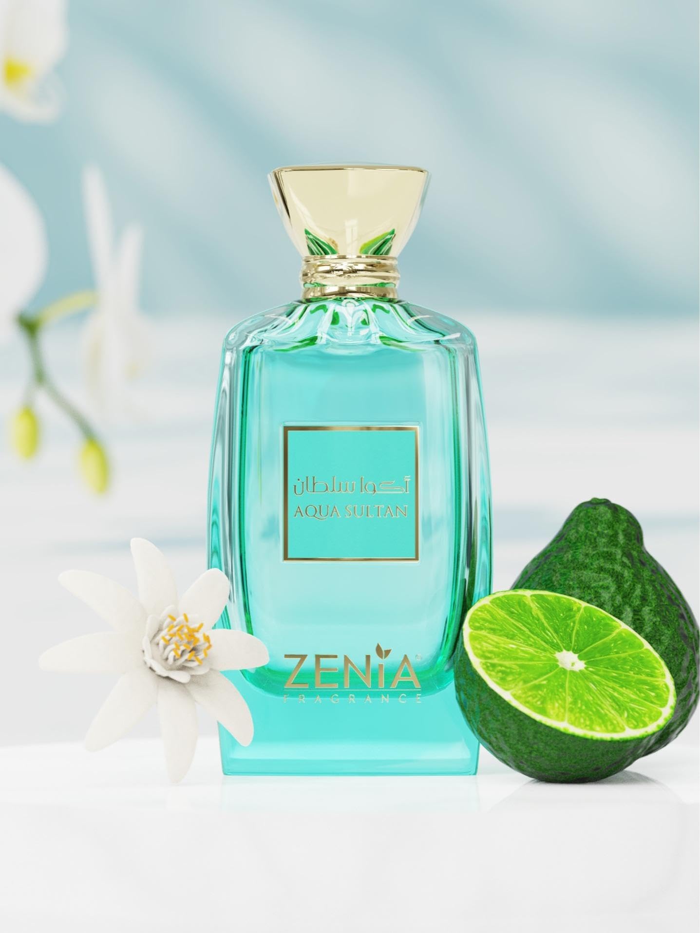 Zenia Aqua Sultan top-notes citrus opening suggests bright, energizing freshness.