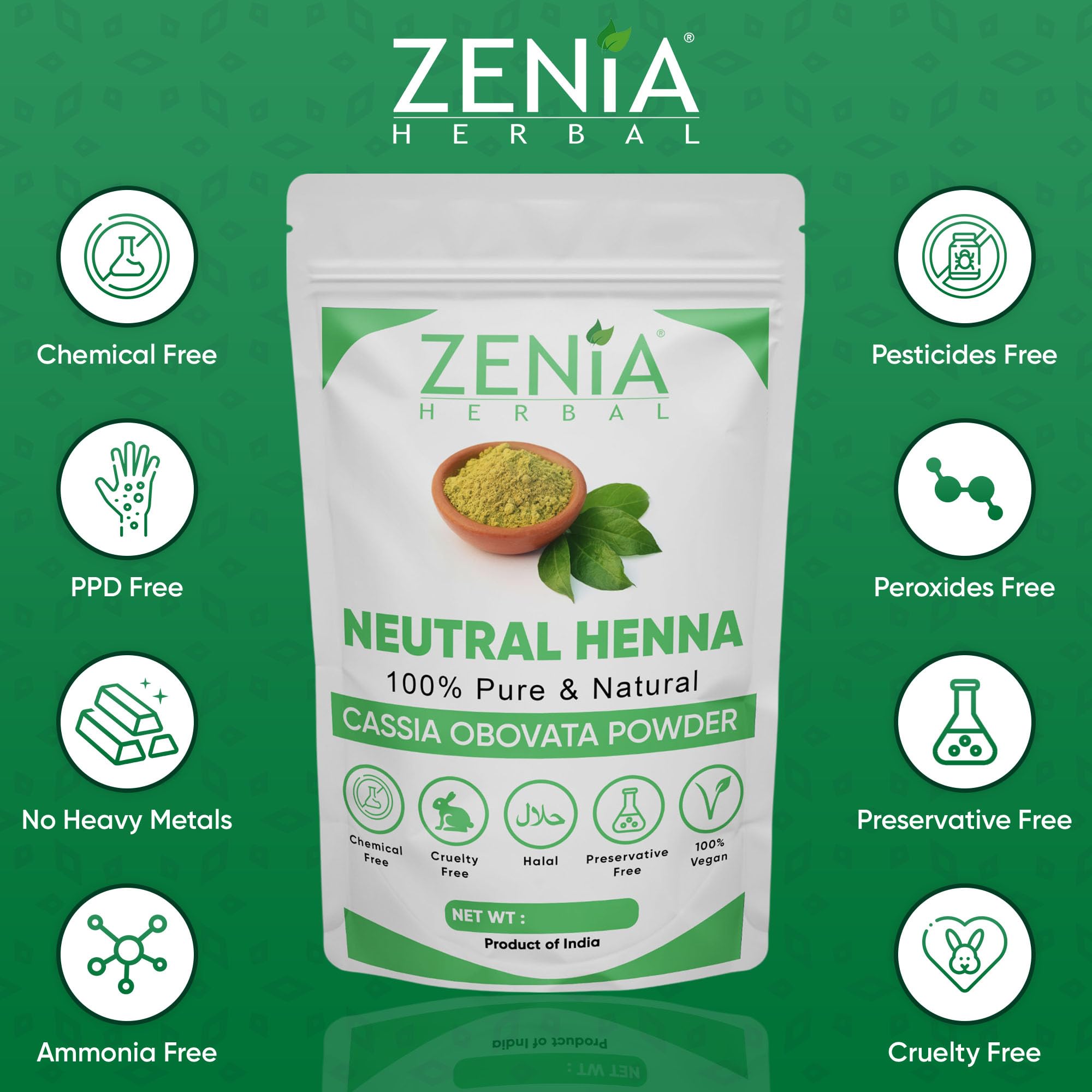 Zenia Neutral Henna applied to hair provides soft, shiny definition.