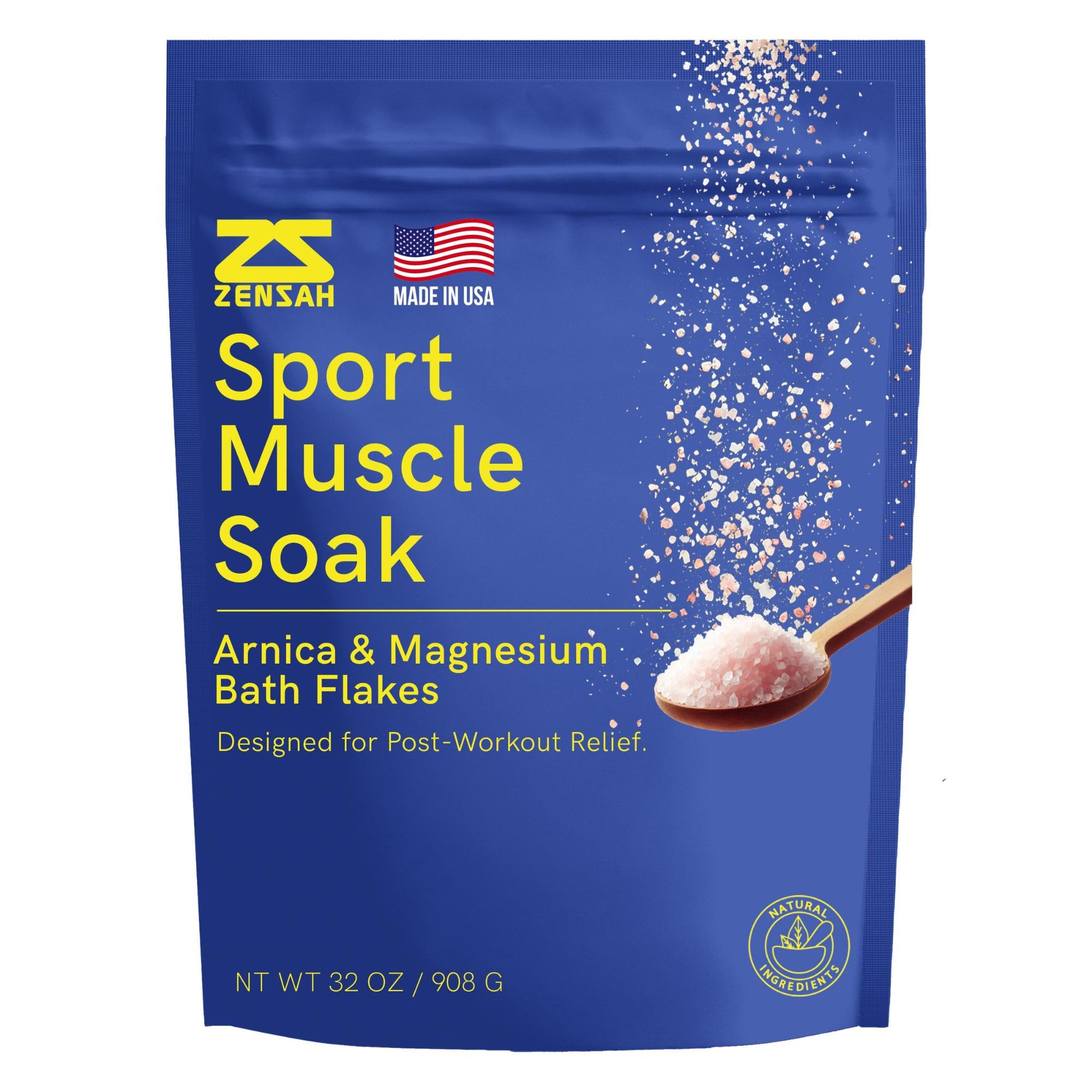 Zensah Muscle Recovery Bath Soak bottle pour, suggesting post-workout relief and peppermint aroma.