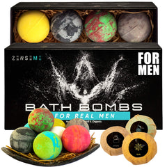 ZenseMe eight-pack gift set of men’s bath bombs displayed for gift-ready presentation.