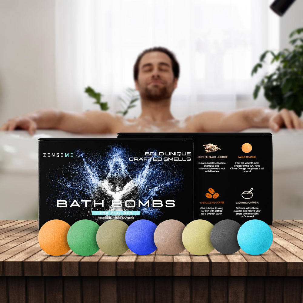 ZenseMe sandalwood bath bomb for men creating a calming earthy indulgence.