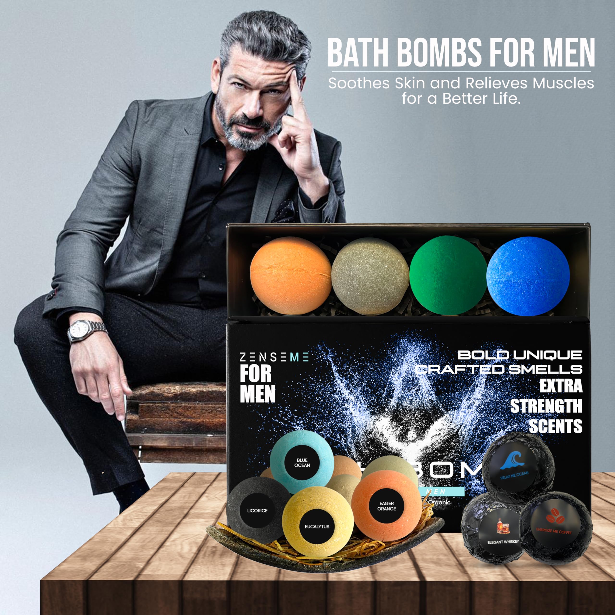 ZenseMe whiskey-scented bath bomb for men promoting a warming spa moment.